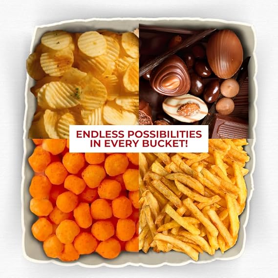 Large reusable popcorn bucket shown with chips chocolate cheese snacks and fries