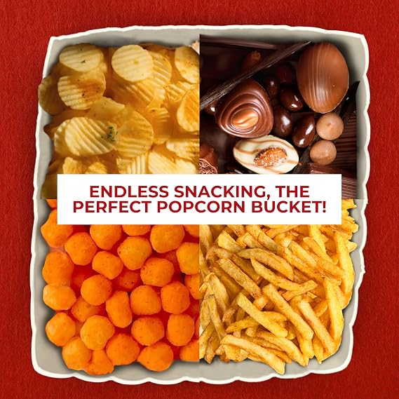 Large popcorn bucket shown with chips chocolates cheese snacks and fries