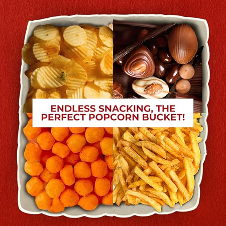 Large popcorn bucket shown with chips chocolates cheese snacks and fries
