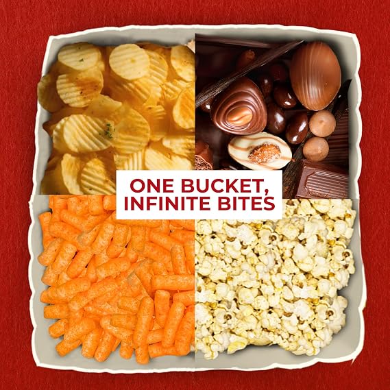 Large Wownic popcorn bucket shown with chips chocolate cheese snacks and popcorn