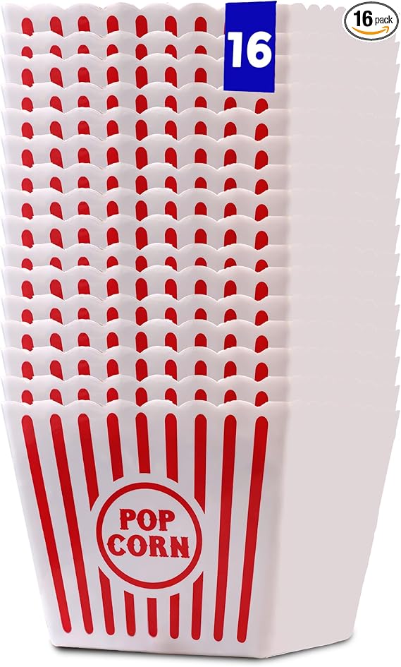 Stack of sixteen Wownic large reusable red and white movie popcorn buckets