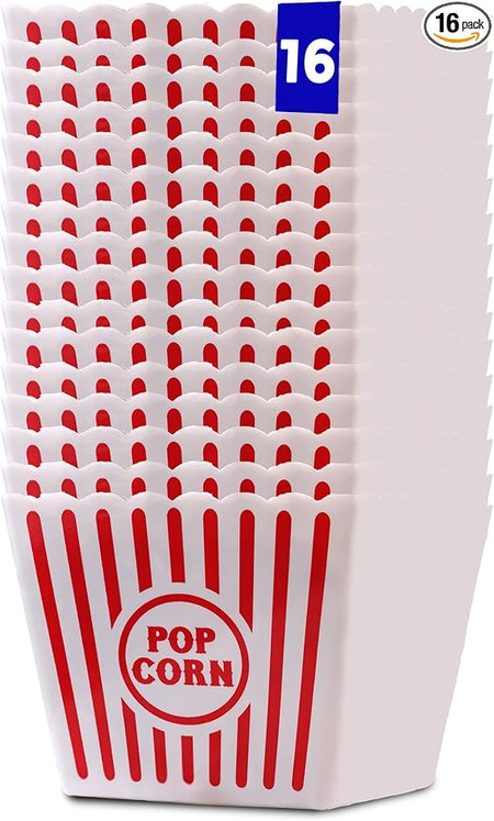 Stack of sixteen Wownic large reusable red and white movie popcorn buckets