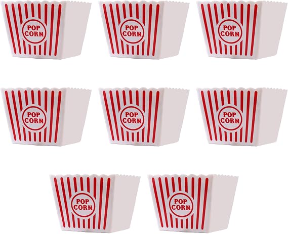 Eight Wownic large red and white striped reusable popcorn buckets