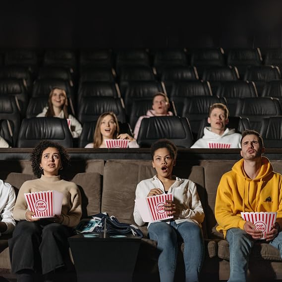 Wownic large popcorn buckets used by guests during a movie theater screening