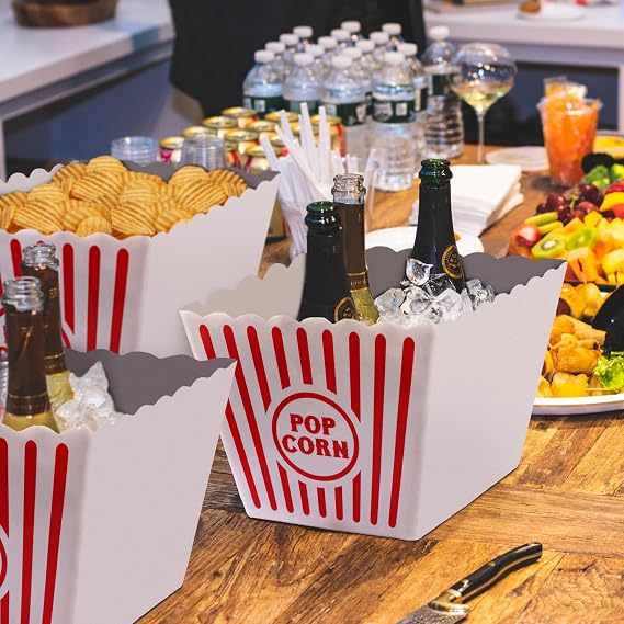 Wownic large reusable popcorn buckets used for snacks and drinks at a party