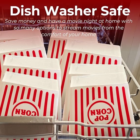 Large reusable Wownic popcorn containers being cleaned in a dishwasher