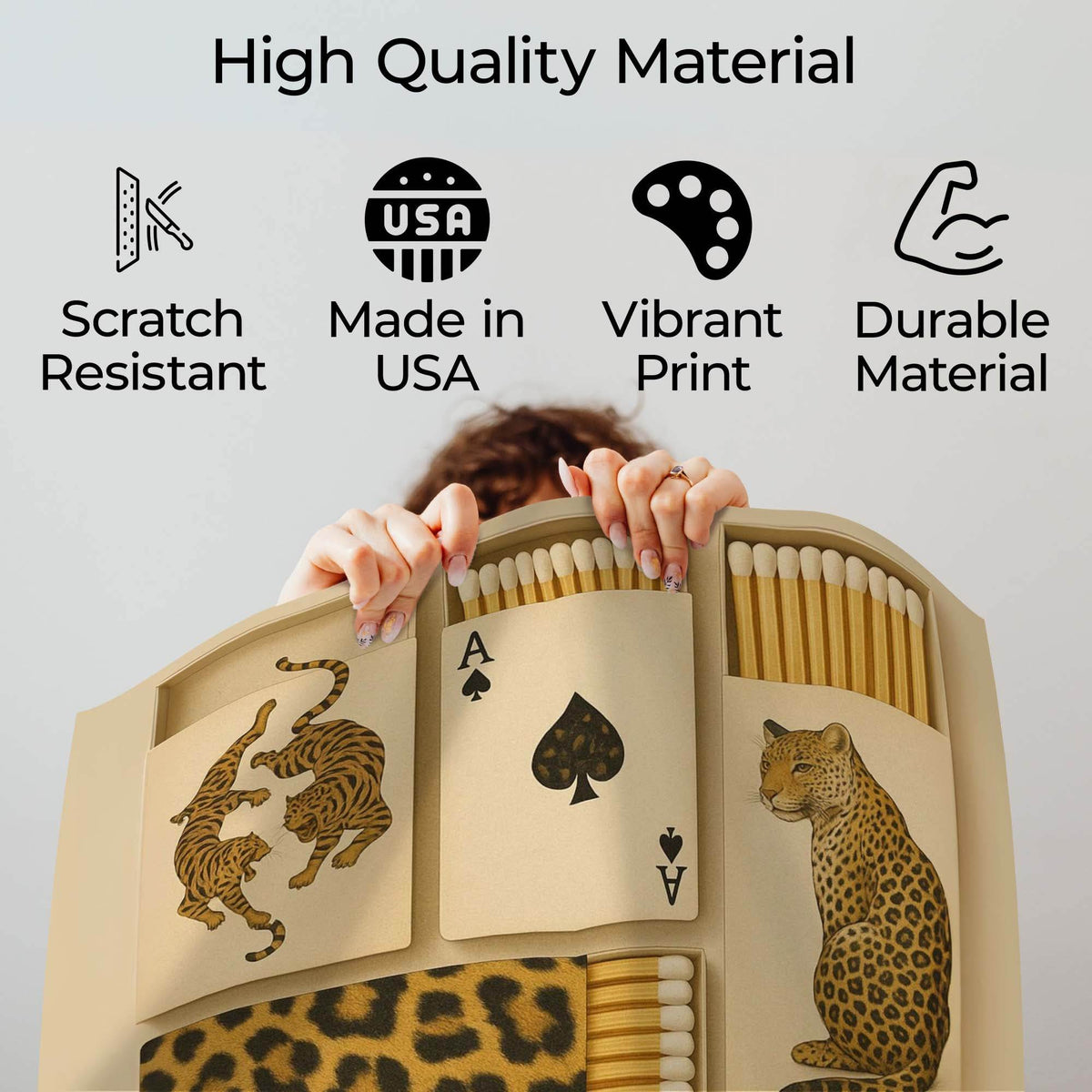 Wownic leopard poster quality guide showing scratch-resistant material, Made in USA, vibrant print and durable construction