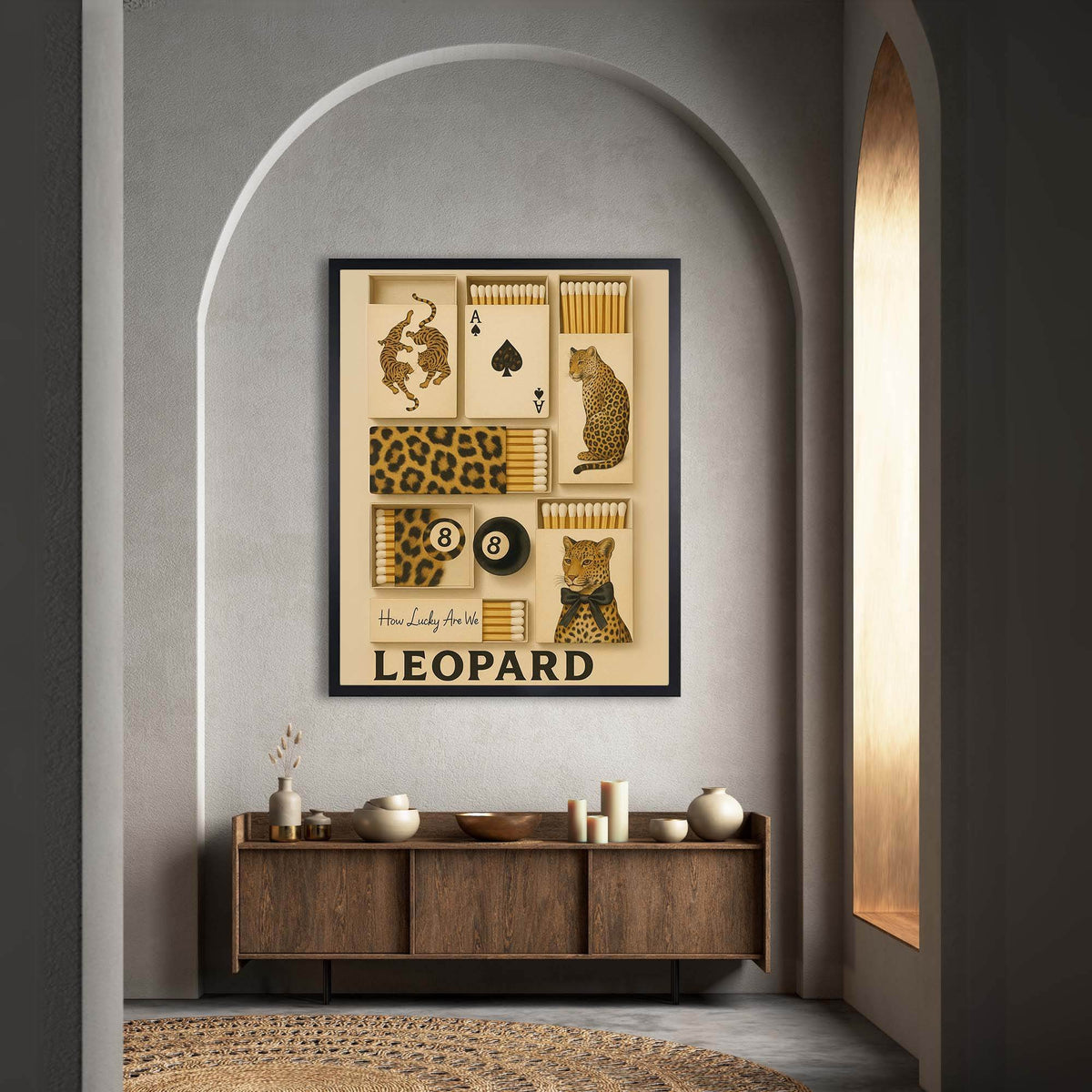 Wownic leopard collage wall art displayed as framed decor above a modern wood console