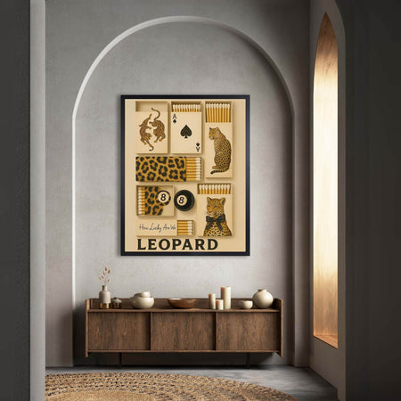 Wownic leopard collage wall art displayed as framed decor above a modern wood console