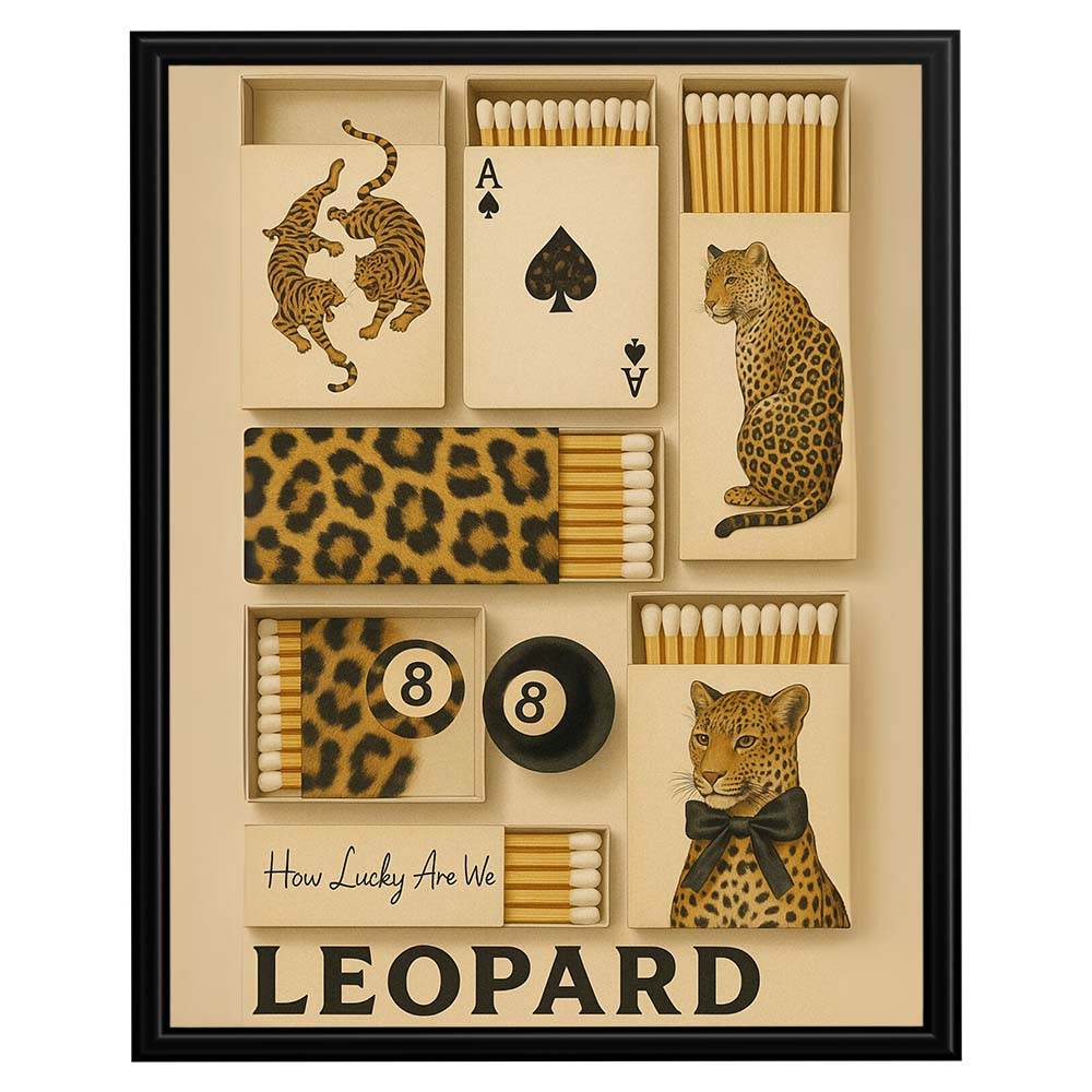 Wownic leopard wall art poster featuring vintage big-cat illustrations, matchbox graphics, playing cards and leopard-print collage details