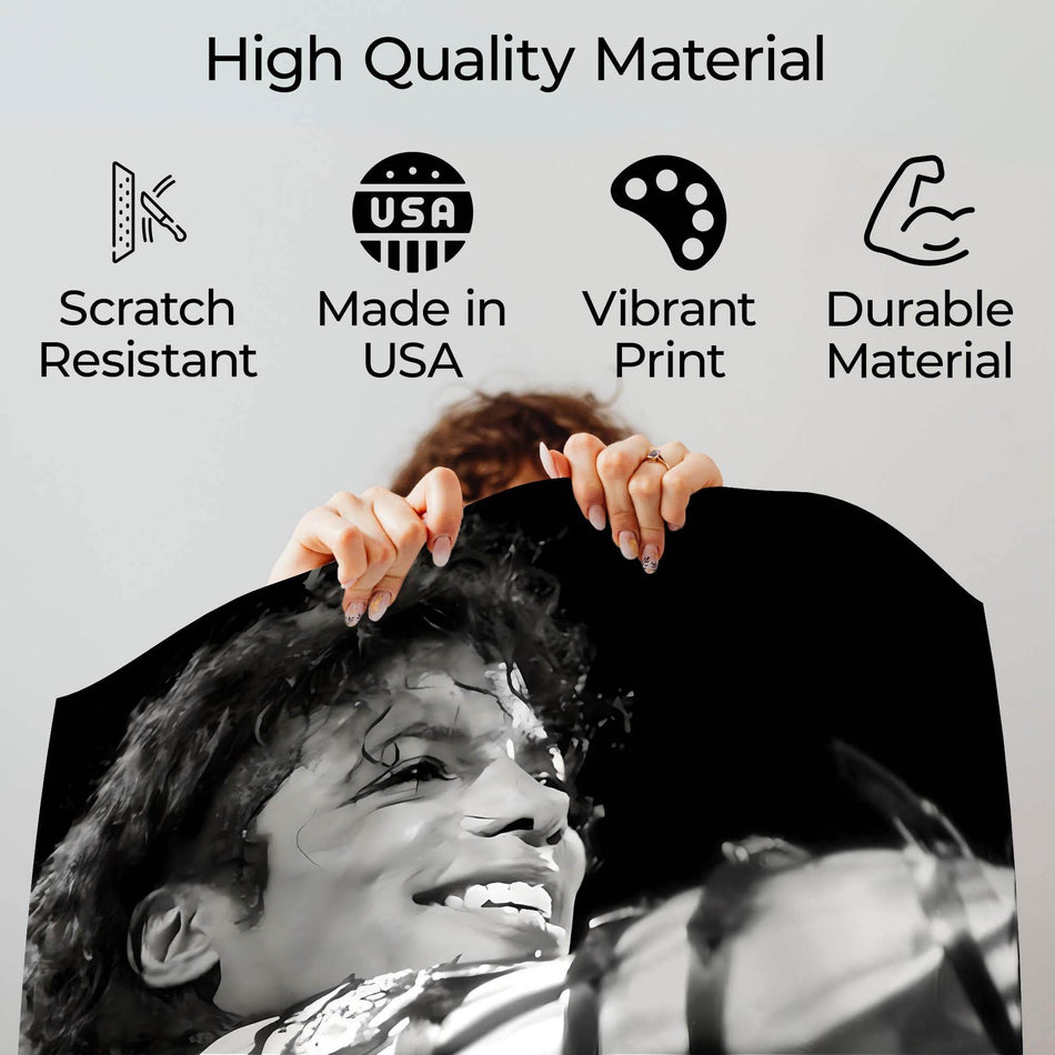 Wownic music poster quality guide showing scratch-resistant material, Made in USA, vibrant print and durable construction