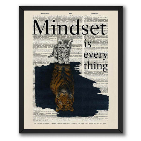 Wownic Mindset Is Everything motivational poster featuring a kitten above a tiger reflection on a vintage dictionary-style background