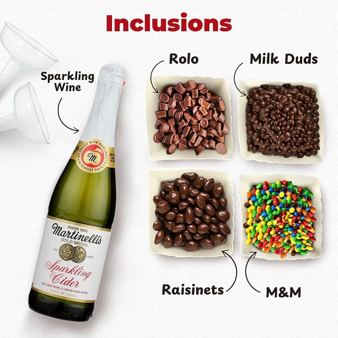 Sparkling cider with Rolo Milk Duds Raisinets and M&M's for movie night