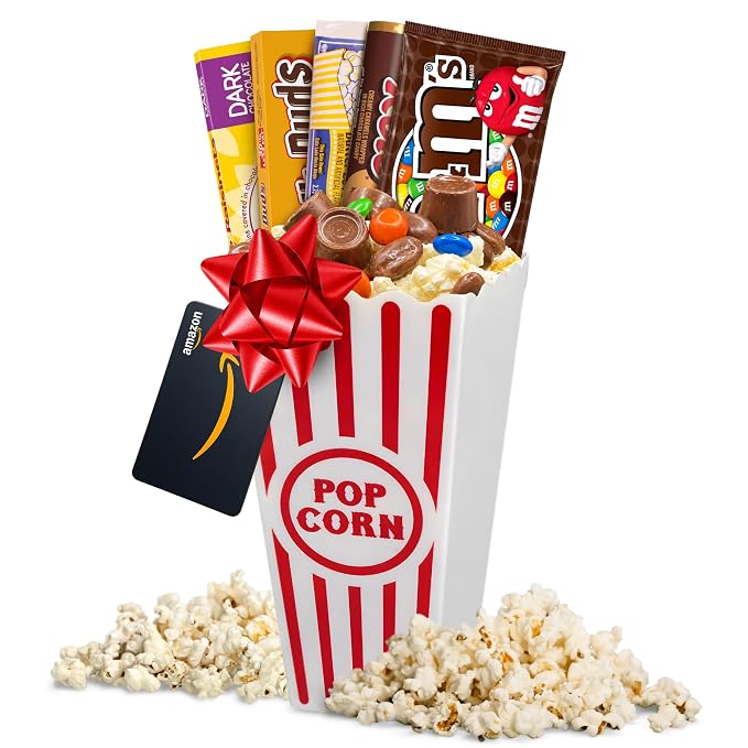 Wownic movie night gift basket with popcorn, chocolate candy, reusable popcorn bin and movie rental gift card