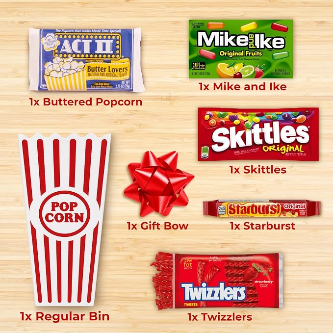 Wownic movie night gift basket contents with butter popcorn, Mike and Ike, Skittles, Starburst, Twizzlers and reusable popcorn bin