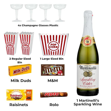 Wownic movie night gift basket contents with sparkling cider chocolate candy popcorn bins and four plastic glasses