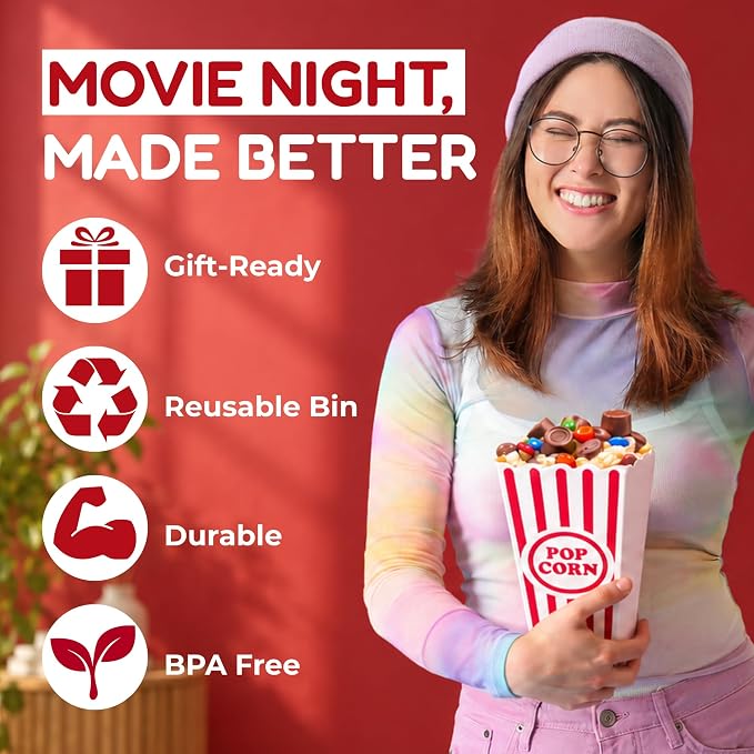 Wownic movie night gift basket showing gift-ready reusable durable BPA-free popcorn bin