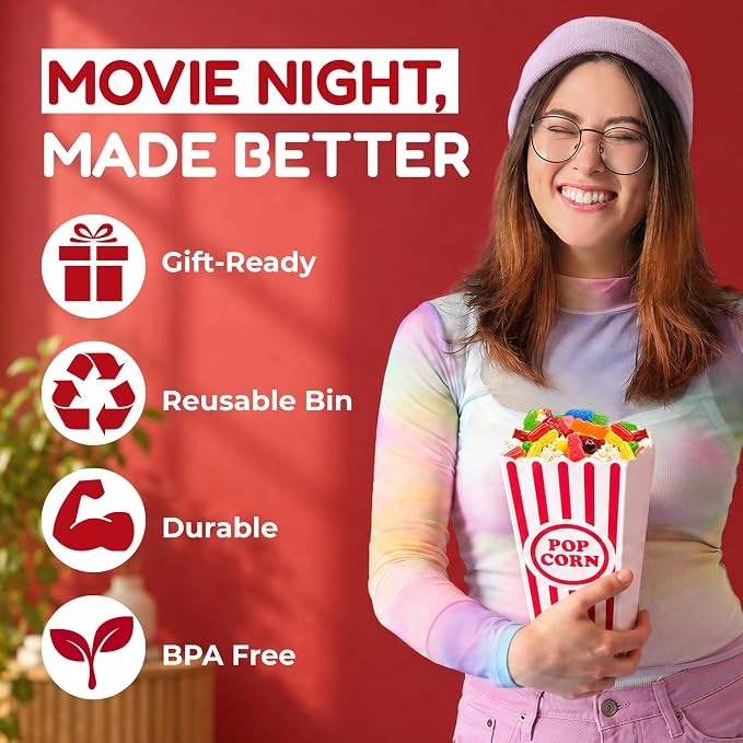 Wownic movie night gift basket with reusable durable BPA-free popcorn container