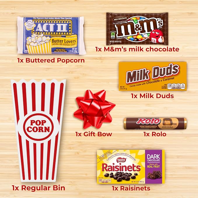 Wownic movie night basket contents with butter popcorn M&M's Milk Duds Rolo Raisinets popcorn bin and bow