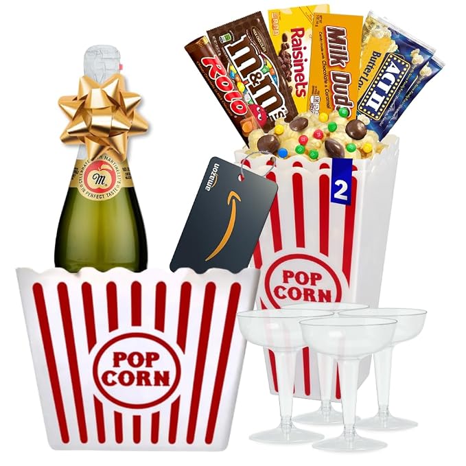 Wownic movie night gift basket with sparkling cider candy popcorn bins plastic glasses and movie gift card