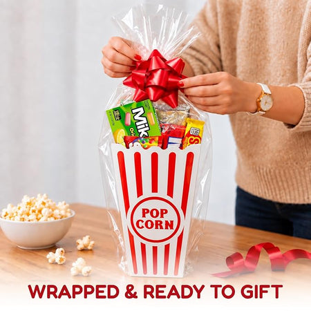 Wownic movie night popcorn and candy basket wrapped and ready to gift with red bow