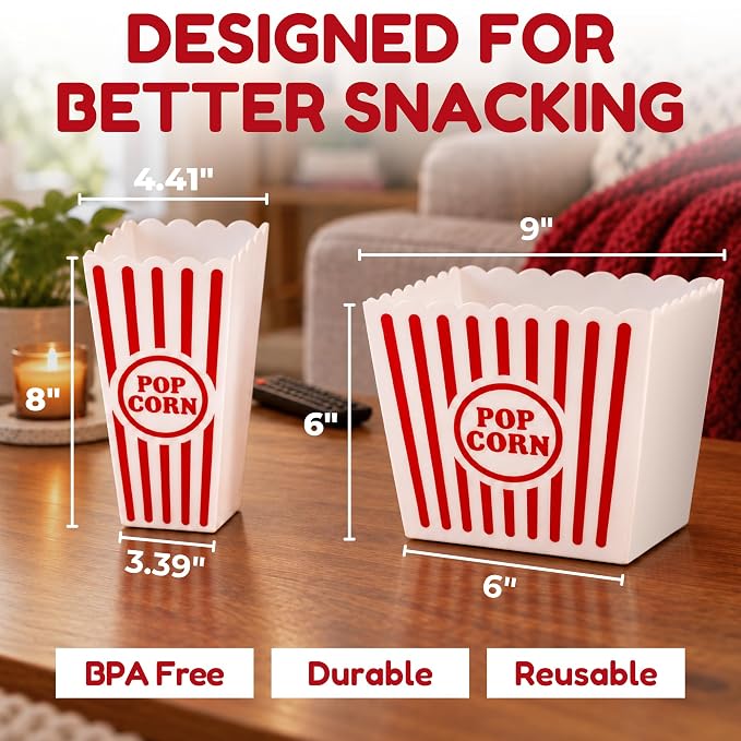 Large and small reusable movie night popcorn bin dimensions