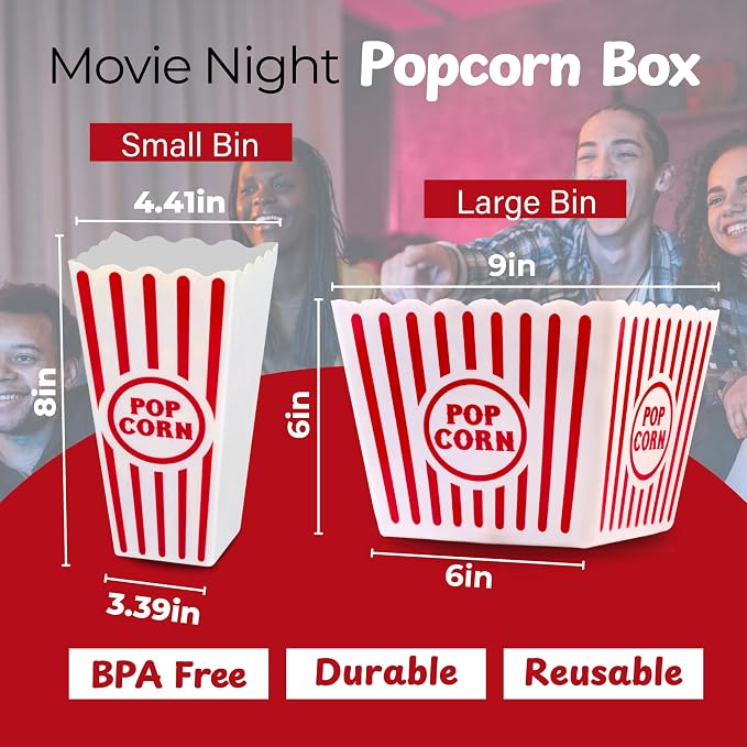 Wownic reusable movie night popcorn bins showing small and large bin dimensions