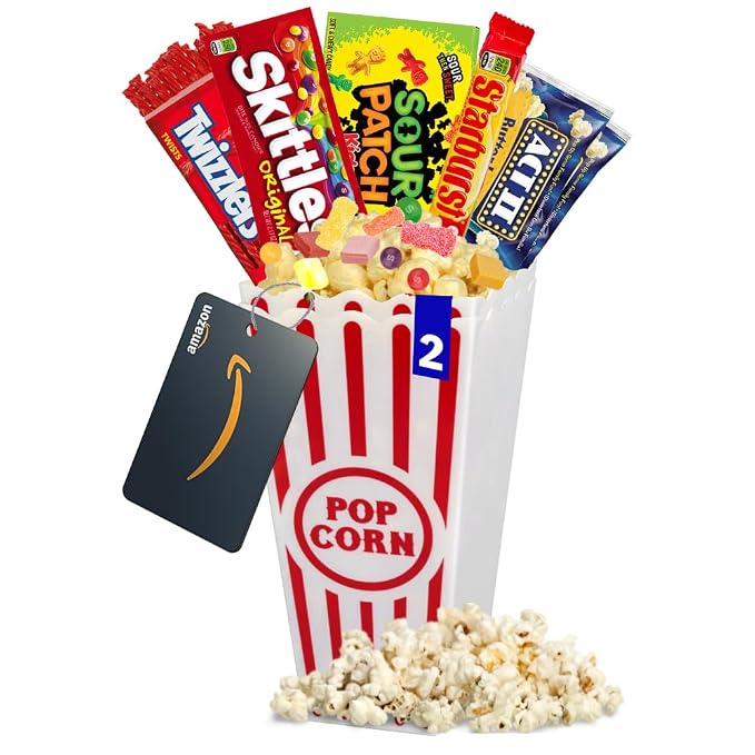 Wownic movie night snack gift box with popcorn, candy assortment and gift card