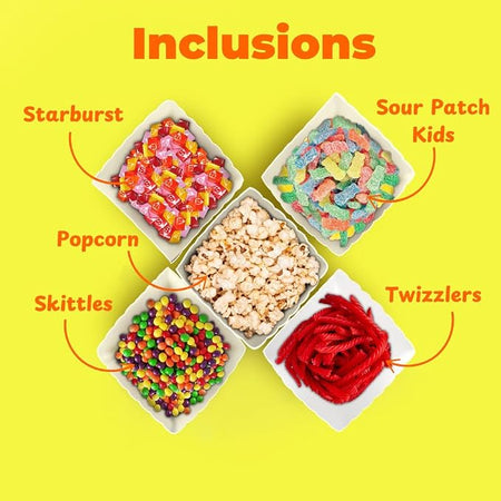 Wownic movie night snack assortment with popcorn, Starburst, Sour Patch Kids, Skittles and Twizzlers
