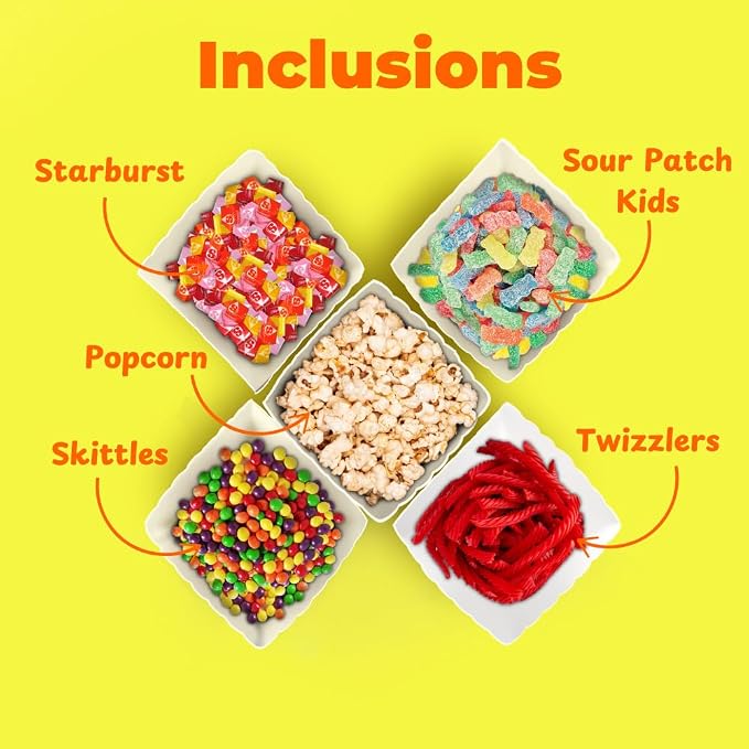 Wownic movie night snack assortment with popcorn, Starburst, Sour Patch Kids, Skittles and Twizzlers