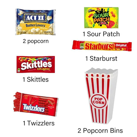 Wownic movie night snack gift box with popcorn, candy and two reusable popcorn bins