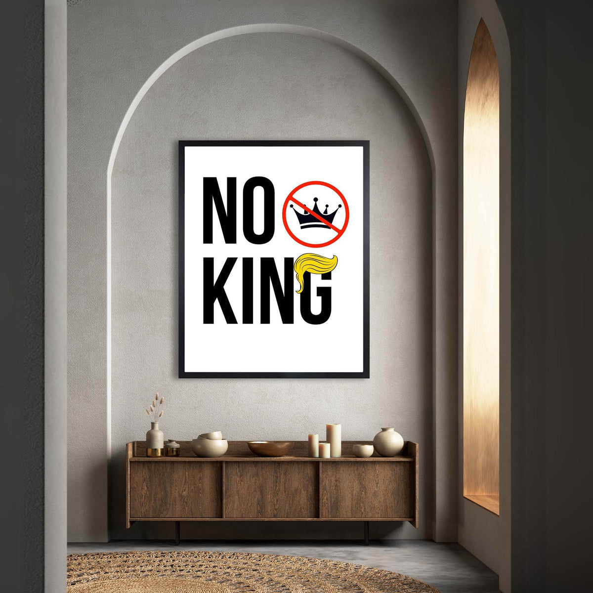 Wownic No King statement poster featuring bold black typography, crossed-out crown symbol and red accent