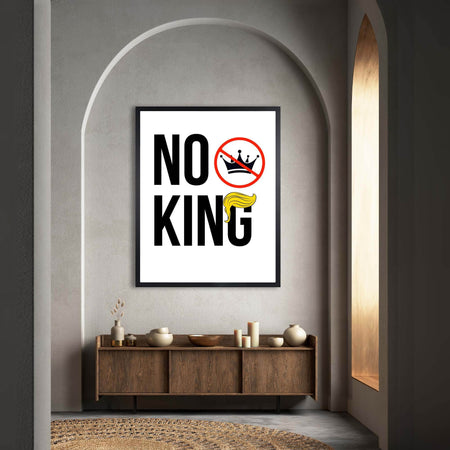 Wownic No King statement poster featuring bold black typography, crossed-out crown symbol and red accent