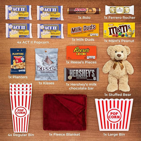 Peanut lover movie night gift basket contents with popcorn chocolate teddy bear fleece blanket and reusable bins