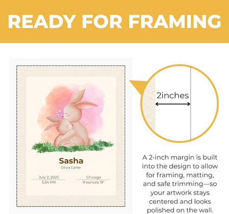 Wownic personalized baby bunny birth details poster with approximately 2-inch framing margin