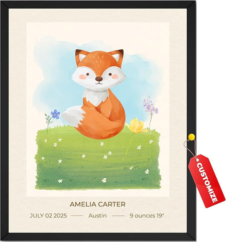Wownic personalized baby birth details poster featuring watercolor fox artwork with custom name, date, birthplace, weight and height