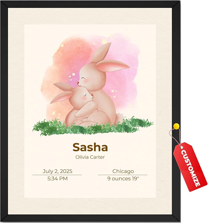 Wownic personalized baby birth details poster featuring watercolor bunny artwork with custom name and birth information
