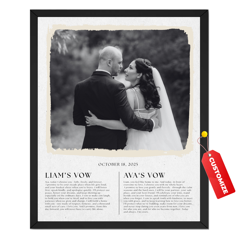 Wownic personalized wedding vow poster featuring a custom couple photo, wedding date and two personalized vow sections