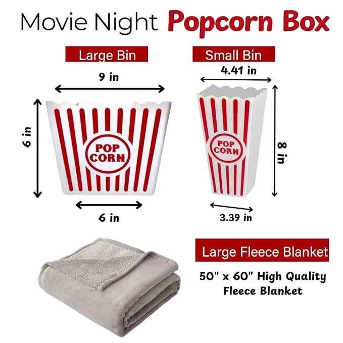 Reusable movie night popcorn bin dimensions with 50 by 60 inch fleece blanket
