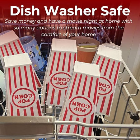 Wownic plastic popcorn buckets shown in dishwasher for easy cleaning