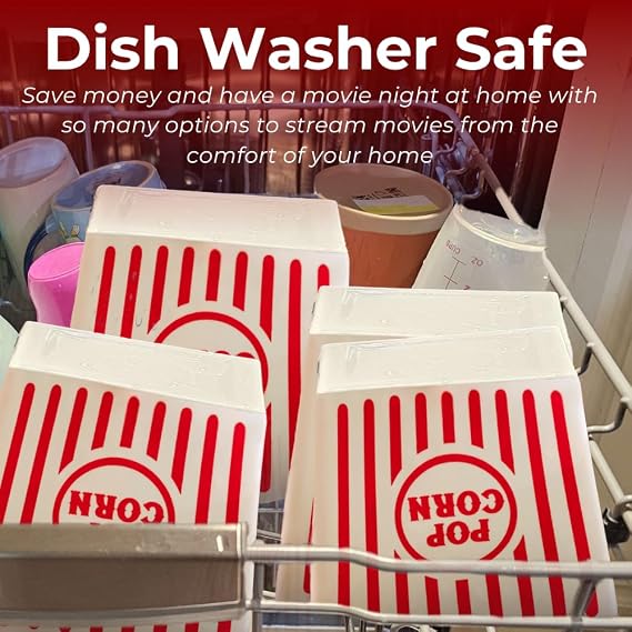 Wownic reusable plastic popcorn buckets shown inside dishwasher
