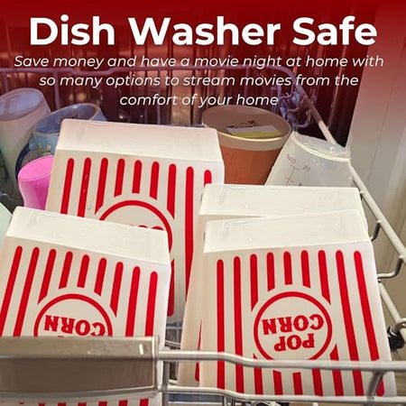Wownic reusable plastic popcorn buckets shown inside dishwasher