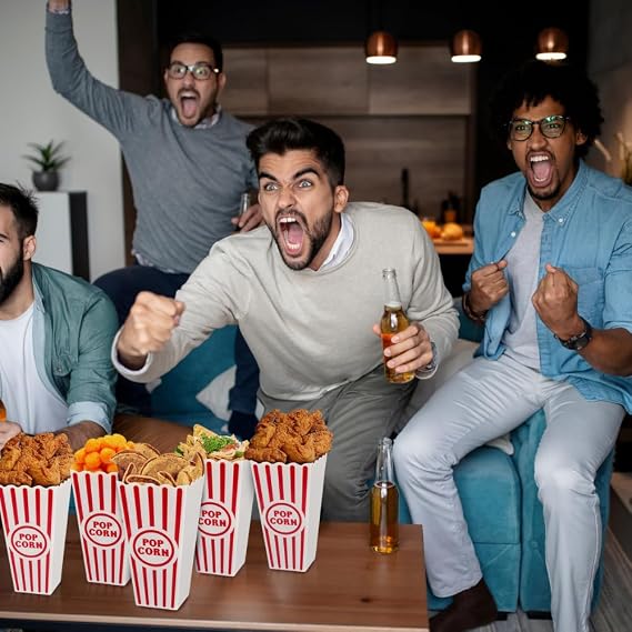 Friends enjoying snacks from Wownic popcorn buckets during entertainment night