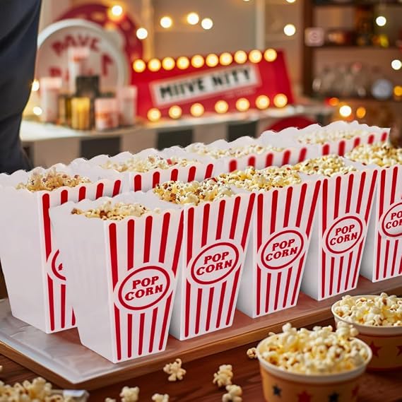 Wownic red and white popcorn buckets filled with popcorn for movie party