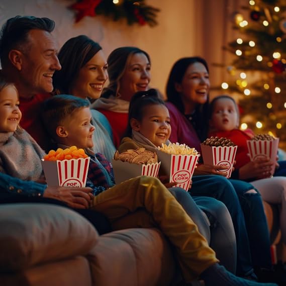 Family enjoying movie night snacks with Wownic popcorn containers