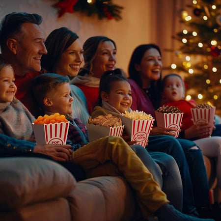 Family enjoying movie night snacks with Wownic popcorn containers