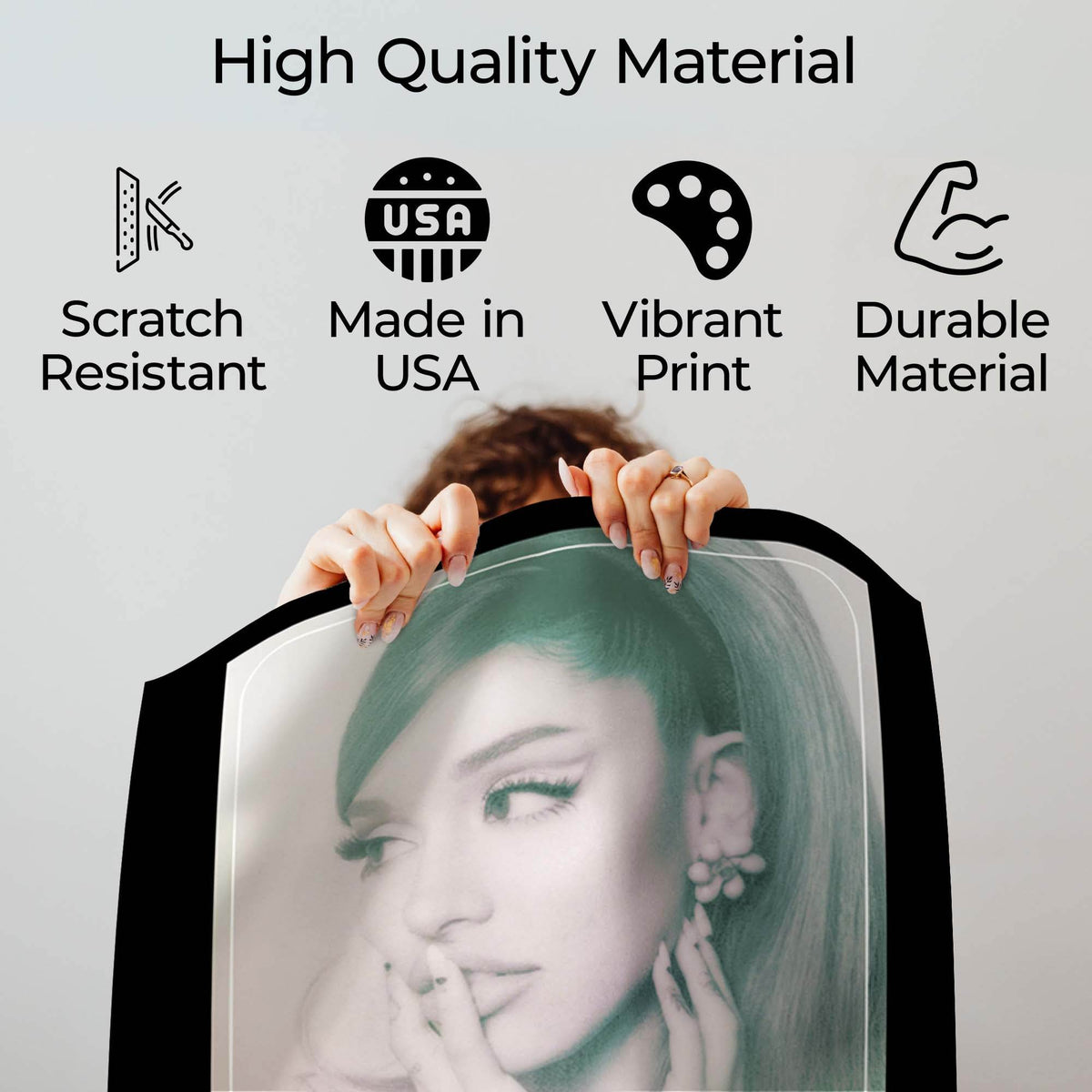 Wownic Positions poster quality guide showing scratch-resistant material, Made in USA, vibrant print and durable construction
