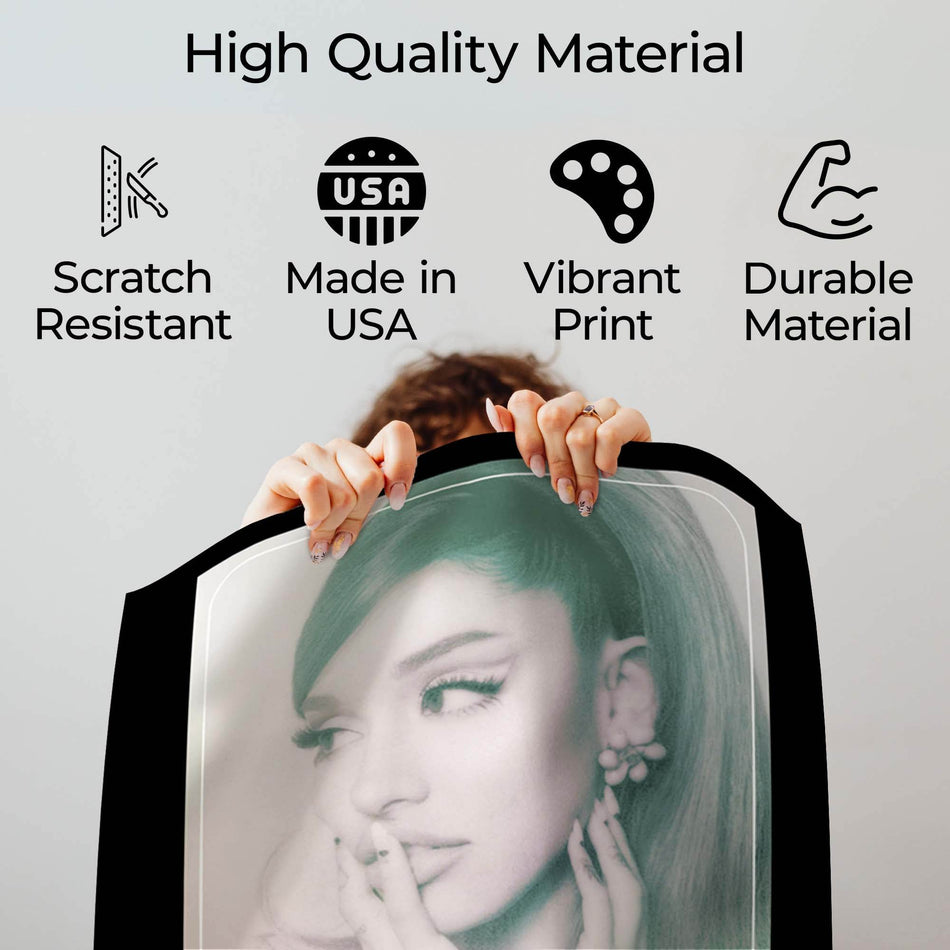Wownic Positions poster quality guide showing scratch-resistant material, Made in USA, vibrant print and durable construction