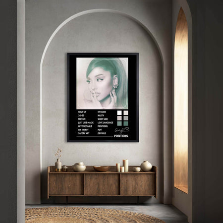 Wownic Positions music poster displayed as framed contemporary wall art above a modern wood console