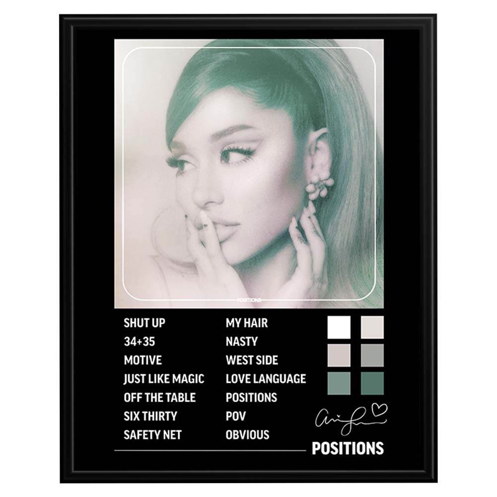 Wownic Positions music poster featuring a soft monochrome portrait, sage-green accents and album track-list layout
